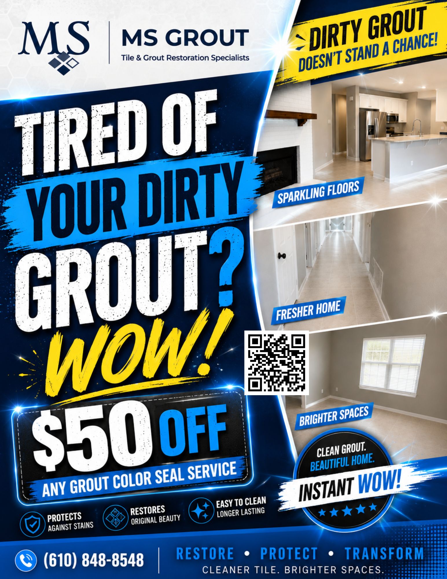 Tile and grout restoration in Berks County PA featuring a $50 off coupon for grout color seal service.