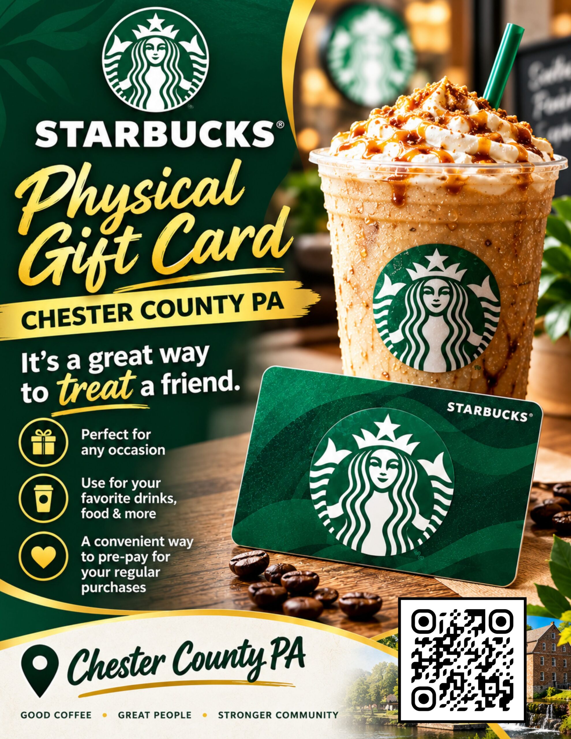 Starbucks Gift Card on a wooden table next to a hot cup of coffee – Chester County Coupons deal