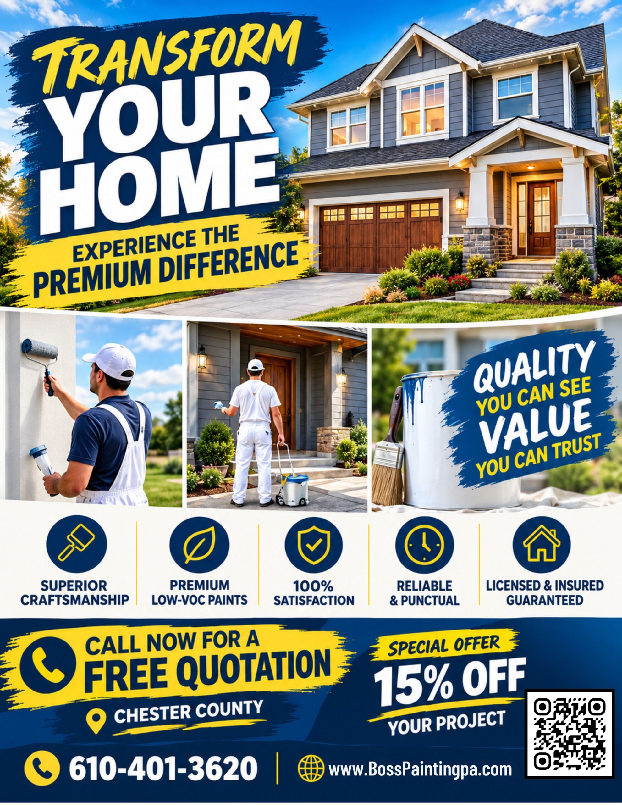 Boss Painting professional painter finishing an interior wall and exterior home trim with a Chester County deal badge overlay.