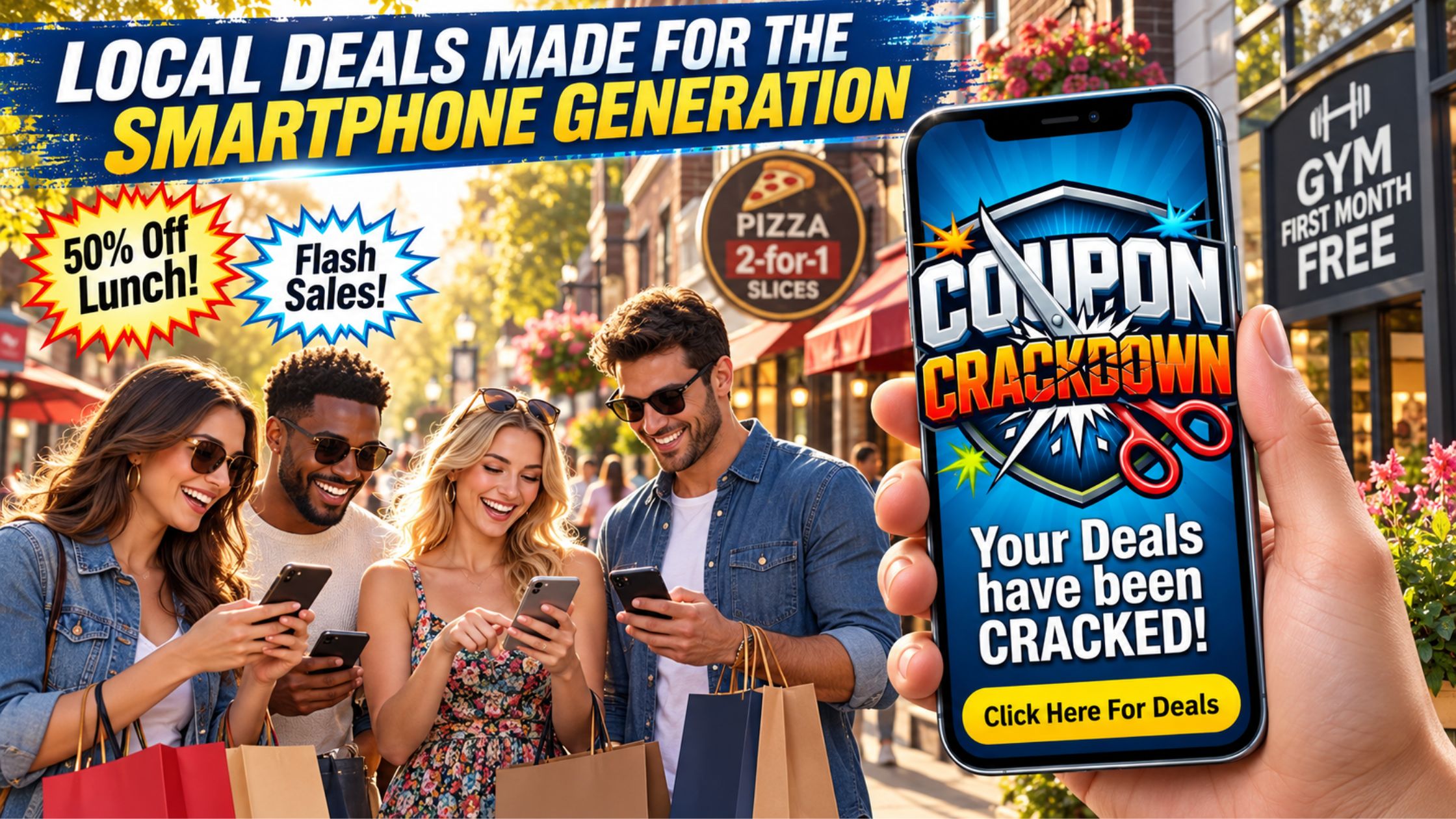 Coupon Crackdown mobile deals advertisement featuring local shoppers finding restaurant, retail, and gym discounts on their smartphones.