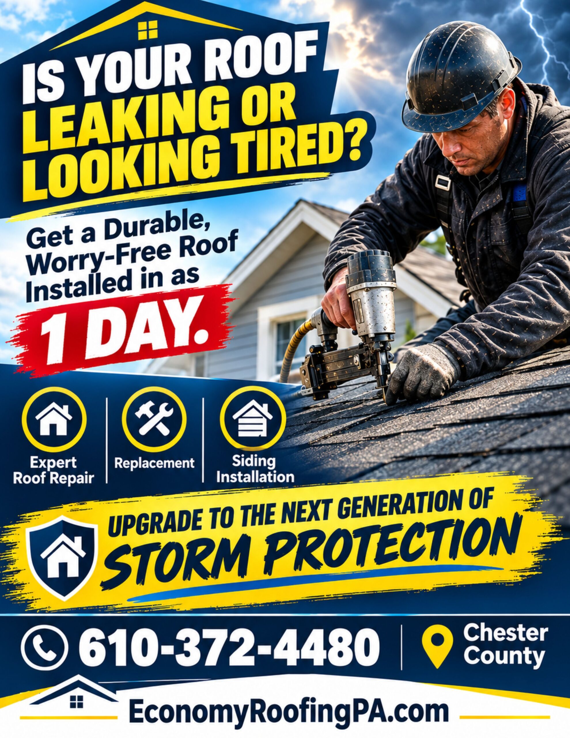 Economy Roofing and Siding contractor replacing a residential roof with a Chester County coupon discount badge overlay.