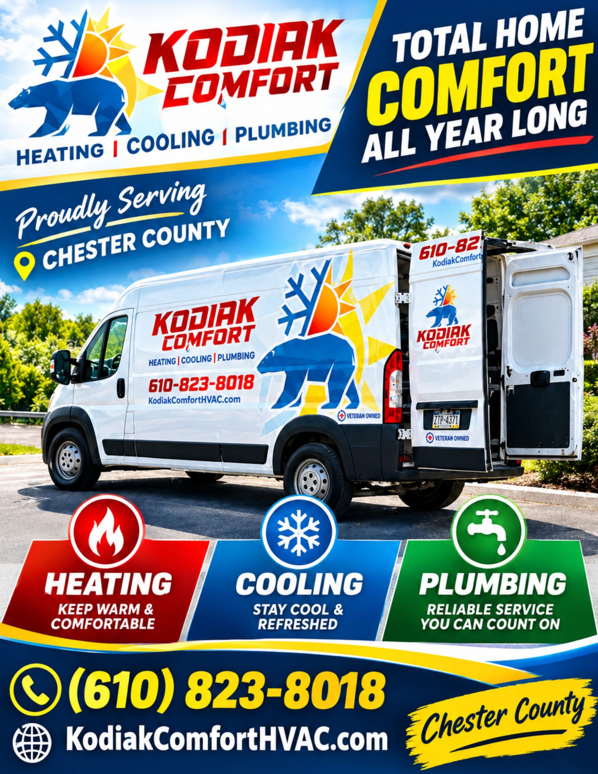 Kodiak Comfort HVAC service technician performing maintenance with a Chester County coupon discount overlay.