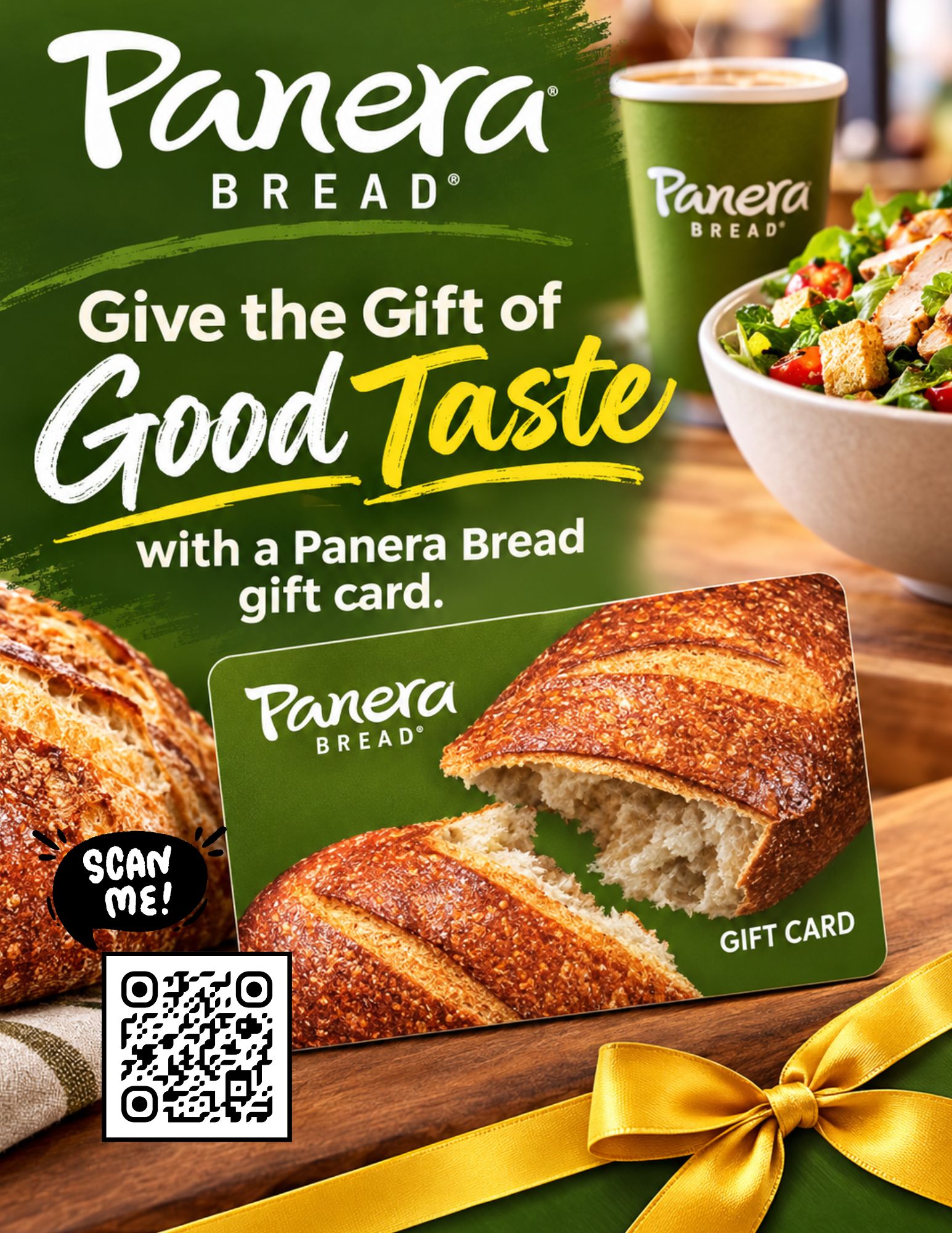 Digital Panera Bread eGift card surrounded by warm coffee, fresh bagels, and soup, perfect for gifting friends and family in Miami-Dade County.