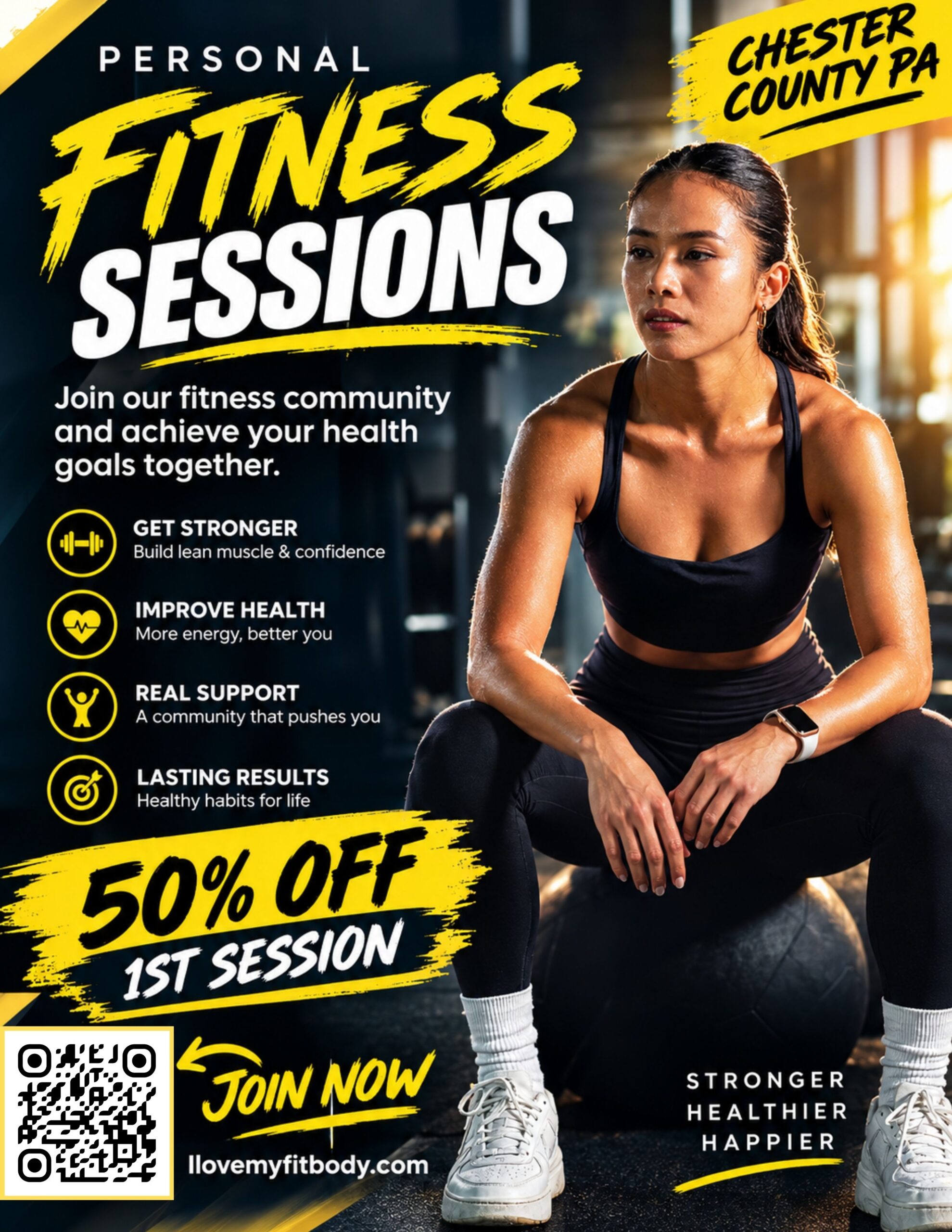 Certified personal trainer guiding a client through a strength workout in a gym with a Chester County coupon discount badge overlay.