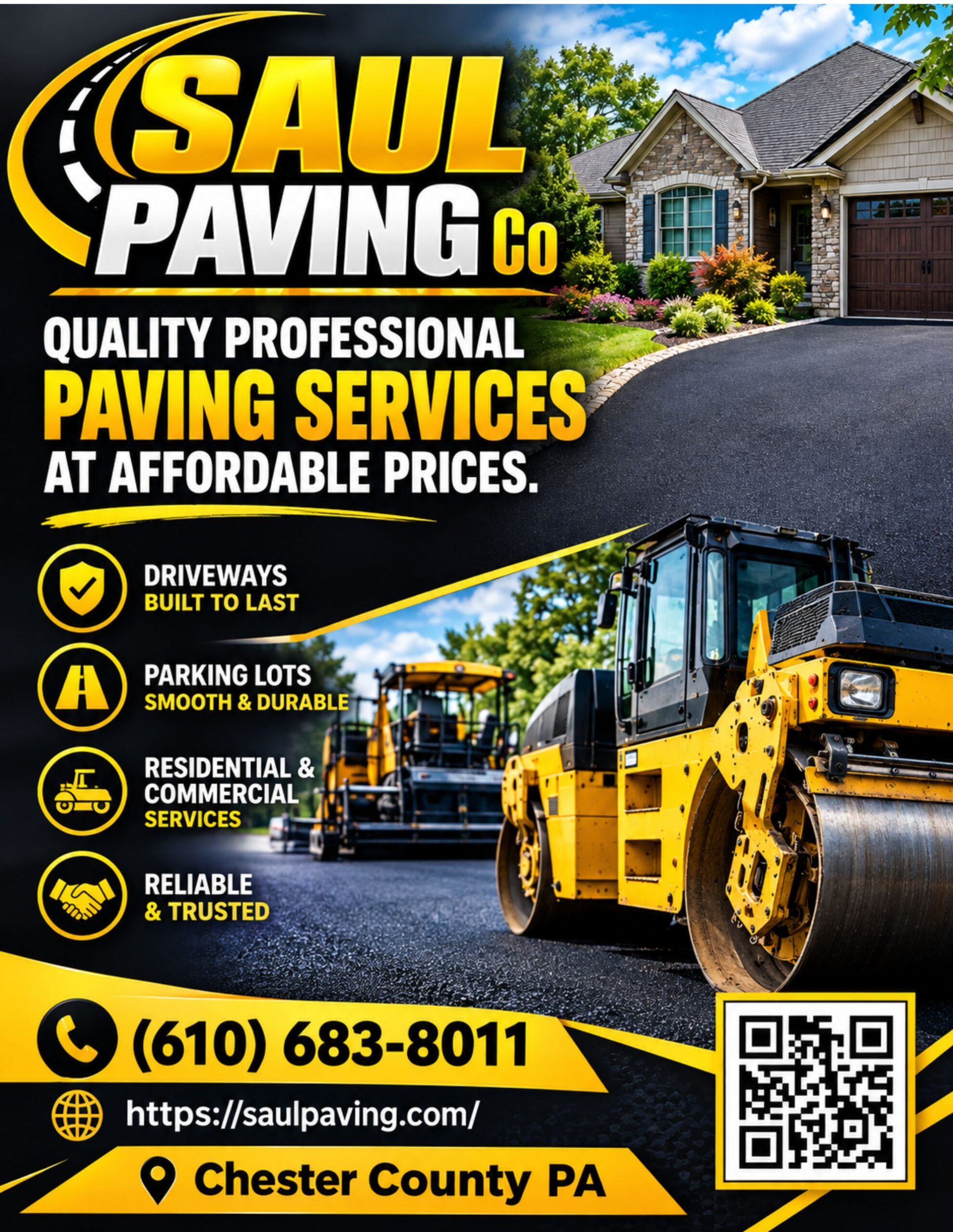 Saul Paving crew compacting hot-mix asphalt on a residential driveway with a Chester County coupon discount badge overlay.